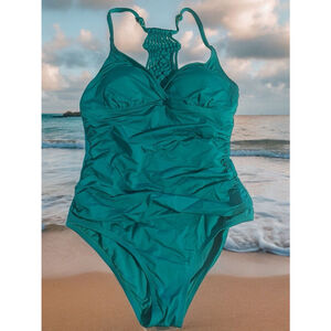Women's firpearl Teal One Piece Swimsuit Size 10 Summer Beach Boho Braid strappy